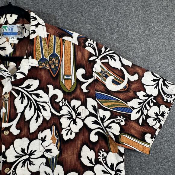 RJC Hawaiian Shirt Mens XL Bark Cloth Brown Hibiscus Surfboards Made in USA - Picture 7 of 11